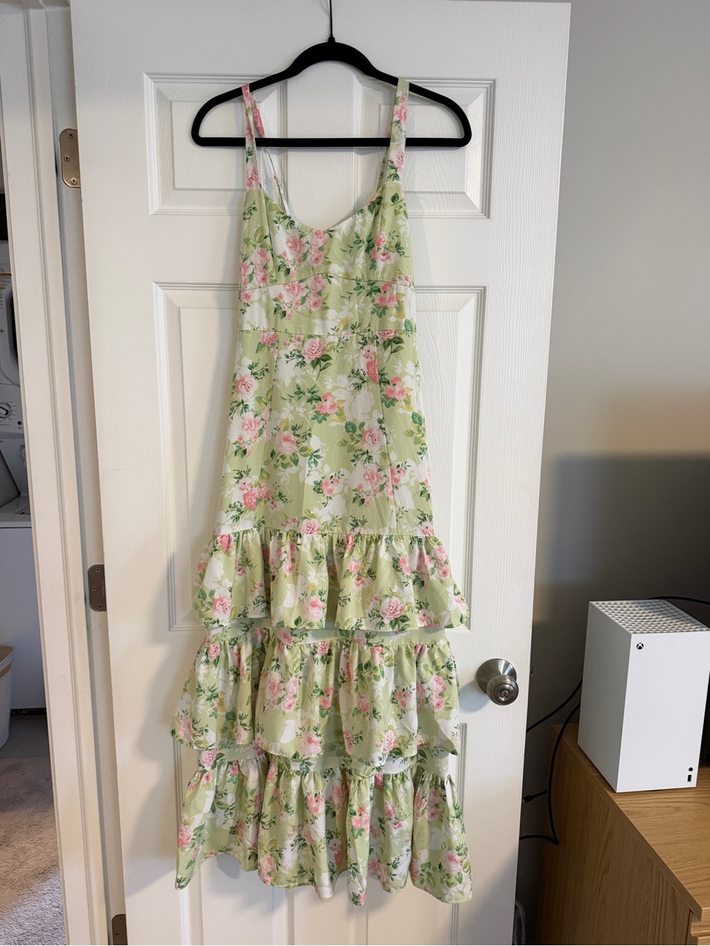 Floral Tiered Maxi Dress in Light Green with Pink Roses